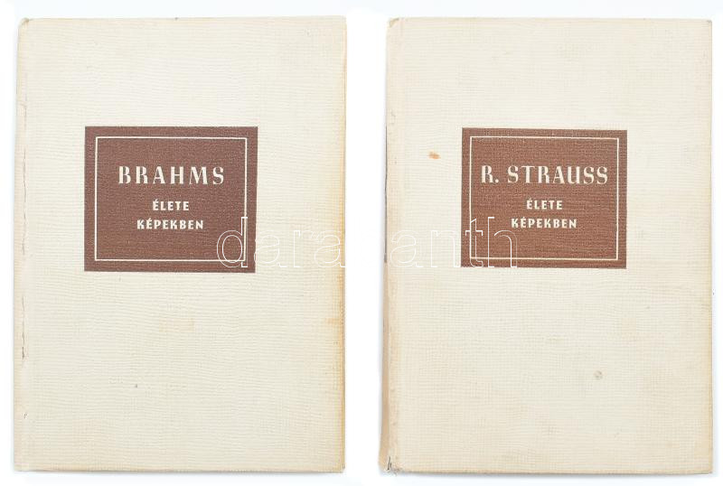 R. Strauss élete képekben + Brahms élete képekben. Bp., 1960, 1961, Zeneműkiadó Vállalat. Kiadói kartonált kötés, kopottas állapotban.