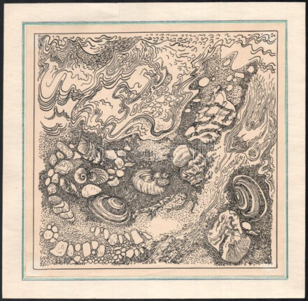 Jankovics János (László) (?-): Tengerfenék kavicsokkal és kagylókkal, tollrajz, papír, jelzés nélkül, a hátoldalon feliratozott, 19,5x19 cm