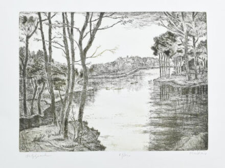 Kádár György (1912-2002): Folyópart. Rézkarc, papír, jelzett. Számozott. 69/100. Hátoldalán Koller Galéria bélyegzőjével. 24x32 cm