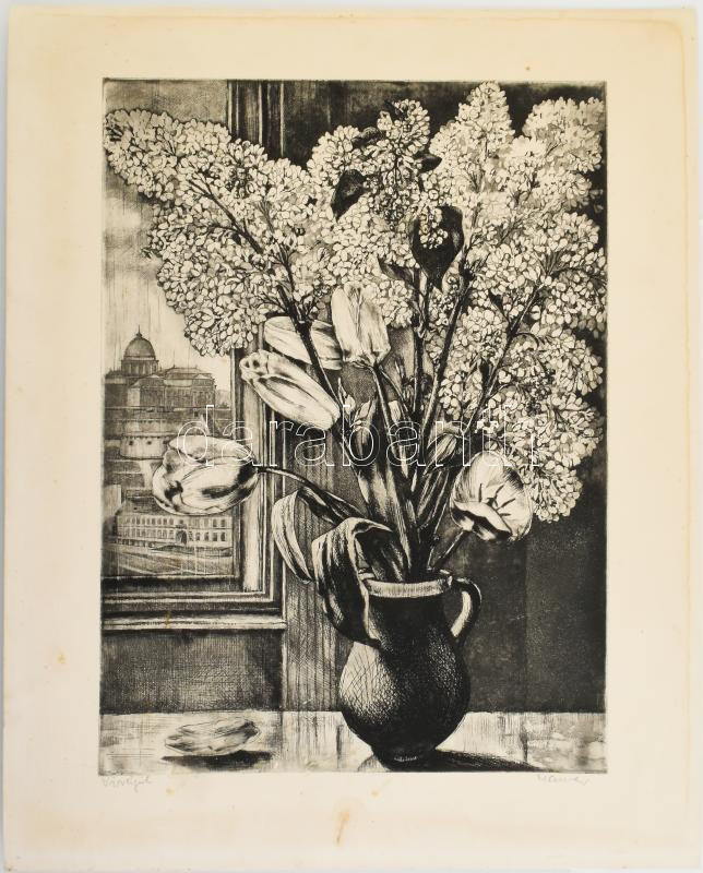 Maurer Dóra (1934-): Virágok. Rézkarc, papír, kartonra kasírozva, jelzett, lap széle kissé foltos, rézkarc alja kissé sérült, 40×29 cm. - Image 2