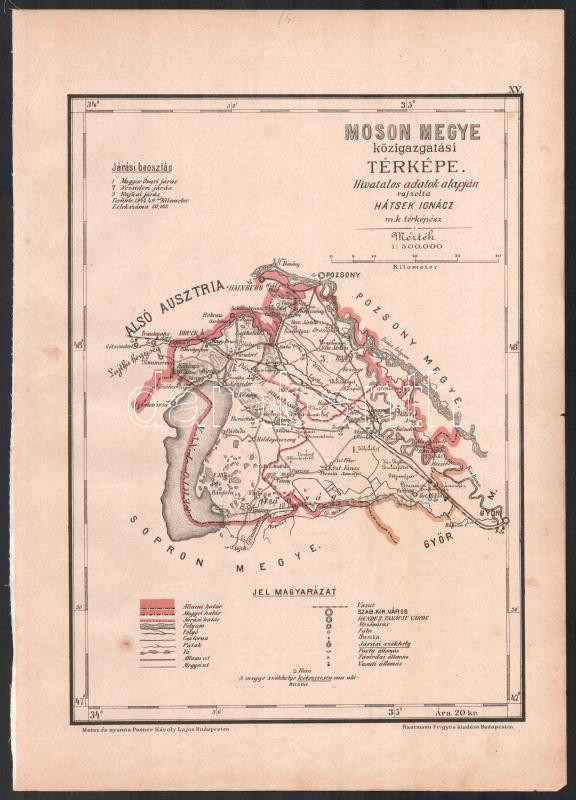 1880 Hátsek Ignác (1827-1902): Moson megye közigazgatási térképe, rajta Moson és Magyaróvár, ...stb., valamint a Fertő-tó, 1:500.000, Bp., Rautmann Frigyes,(Posner Károly Lajos-ny.), egészen kis foltokkal, 30x22 cm