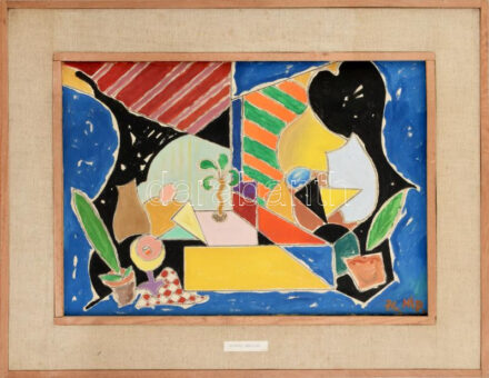 Nolipa István Pál (1907-1986): Kávéház teraszán, 1976. Olaj, vászon. Jelezve jobbra lent, hátoldalán autográf felirattal. 35x50 cm / oil on canvas, signed, with autograph description on the reverse