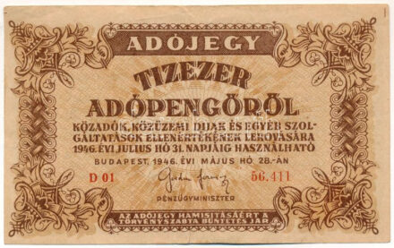 1946. 10.000AP sorszámozott, vízjeles papíron, átütő előlapi nyomattal T:III kis szakadás Adamo P49