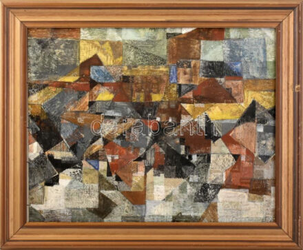 Bartha László (1908-1998): Geometrikus városkép. Vegyes technika, karton, jelzett a hátoldalán. Fakeretben. 37x47 cm. / mixed technique on board, signed, framed
