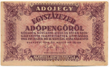 1946. 100.000AP vízjeles papíron, eltolódott hátlapi szöveggel T:III folt Adamo P51A