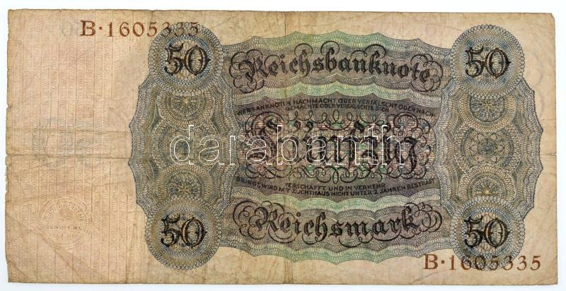 Németország / Weimari Köztársaság 1924. 50M 'N' sorozatszámmal, 'B 1605335' sorszámmal T:III- kis szakadások Germany / Weimar Republic 1924. 50 Mark 'N', 'B 1605335' C:VG tear Krause P#177 - Image 2