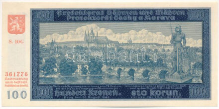 Német Harmadik Birodalom / Cseh-Morva Protektorátus 1940. 100K 'S.10 G 361776' II. kiadás T:I- apró oldalsó szakadások German Third Reich / Protectorate of Bohemia and Moravia 1940. 100 Korun 'S.10 G 361776' 2nd issue C:AU tiny tears on the