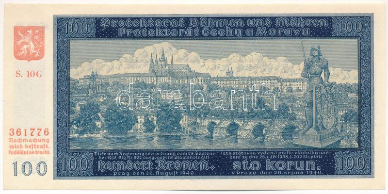 Német Harmadik Birodalom / Cseh-Morva Protektorátus 1940. 100K 'S.10 G 361776' II. kiadás T:I- apró oldalsó szakadások German Third Reich / Protectorate of Bohemia and Moravia 1940. 100 Korun 'S.10 G 361776' 2nd issue C:AU tiny tears on the