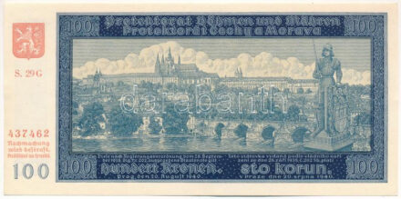 Német Harmadik Birodalom / Cseh-Morva Protektorátus 1940. 100K 'S.29 G 437462' II. kiadás T:I,I- German Third Reich / Protectorate of Bohemia and Moravia 1940. 100 Korun 'S.29 G 437462' 2nd issue C:UNC,AU Krause P#7