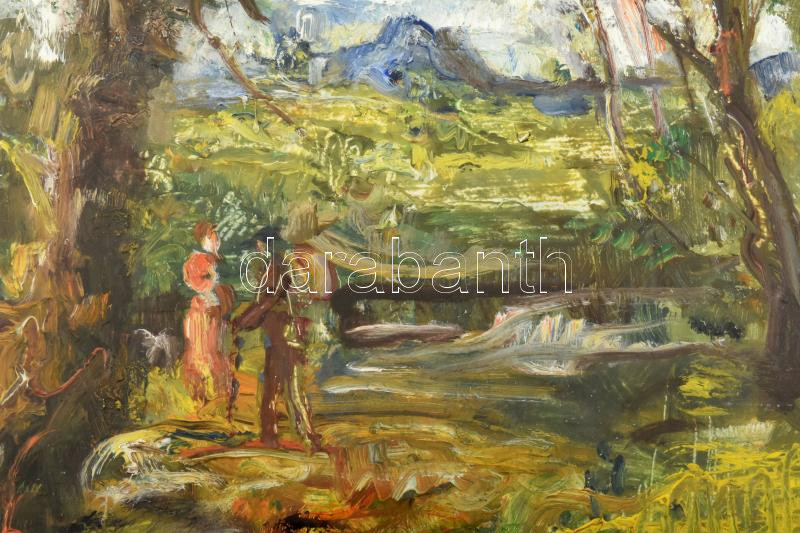 Herman Lipót (1884-1972): Kilátás a fák között. Olaj, farost, jelezve jobbra lent. Hátoldalán autográf felirattal és Képcsarnok Vállalat címkéjével. Dekoratív, üvegezett, kissé sérült fakeretben, 33×46 cm. - Image 2