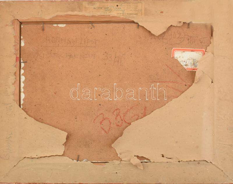 Herman Lipót (1884-1972): Kilátás a fák között. Olaj, farost, jelezve jobbra lent. Hátoldalán autográf felirattal és Képcsarnok Vállalat címkéjével. Dekoratív, üvegezett, kissé sérült fakeretben, 33×46 cm. - Image 4