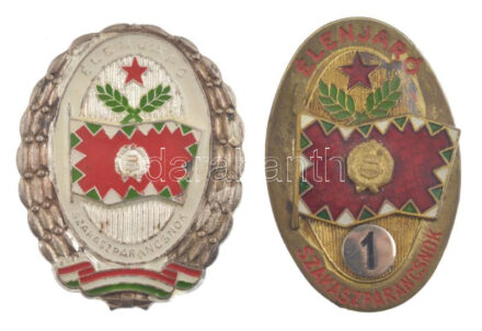 ~1960-1970. 'Élenjáró Szakaszparancsnok' műgyantás Cu sapkajelvény (40x27mm) + ~1970-1980. 'Élenjáró Szakaszparancsnok' ezüstözött műgyantás sapkajelvény (40x32mm) T:XF
