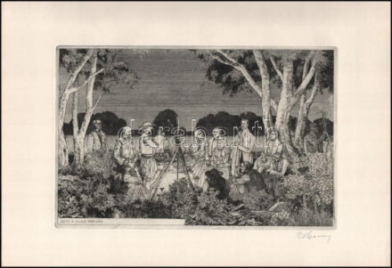 Rékassy Csaba (1937-1989): Este a Duna partján (Petőfi), 1973. Rézkarc, papír, jelzett, paszpartuban, 19,5x29,5 cm / etching on paper, signed, in passepartout