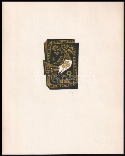3 db ex libris: Varga Nándor Lajos (1895-1978). Ex libris a Nando Ludovico Varga effectis bibliothecae Semsey. Fametszet, papír, jelzett. 8x5,5cm + Fery Antal (1908-1994): Ex Libris Hungaricis Dr. Nicholas Lippoczy. Linómetszet, papír, jelzett,