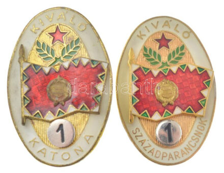 ~1970-1980. 'Kiváló Századparancsnok' aranyozott műgyantás sapkajelvény (40x27mm) + 'Kiváló Katona' aranyozott műgyantás sapkajelvény (40x27mm) T:AU,XF