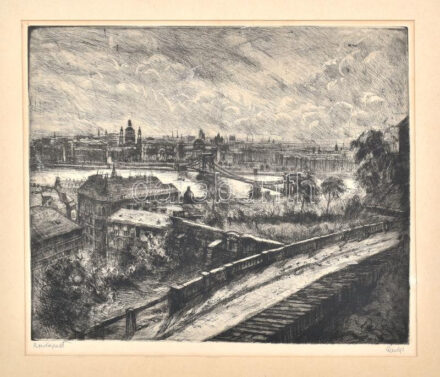 Élesdy István (1912-1987): Budapest, rézkarc, papír, jelzett, paszpartuban, 42×49 cm
