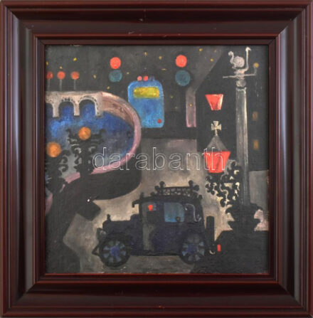 Brian Midlane (1913-1996): Fények a rakparton. Olaj, fa. Jelzés nélkül, hátoldalán kiállítási raglappal. Fakeretben. 20x20 cm