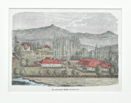 1863 Az al-váczai fürdő, Vasárnapi Újság illusztráció, színezett fametszet, papír, paszpartuban, 14x19 cm
