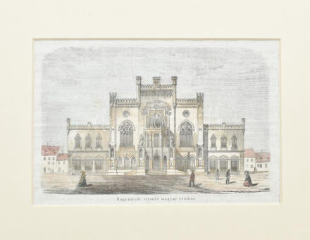1857 Nagyváradi állandó magyar színház, Vasárnapi Újság illusztráció, színezett fametszet, papír, paszpartuban, 14x19 cm