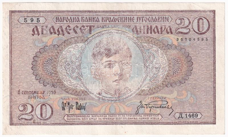 Jugoszlávia 1936. 20D nyomdahibás, halovány nyomat T:XF Yugoslavia 1936. 20 Dinara with faint print printing error C:XF Krause P#30