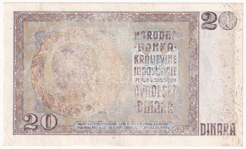 Jugoszlávia 1936. 20D nyomdahibás, halovány nyomat T:XF Yugoslavia 1936. 20 Dinara with faint print printing error C:XF Krause P#30 - Image 2