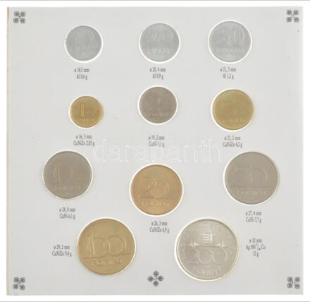 1993. 10f-200Ft (11xklf) forgalmi sor, benne 200Ft Ag 'MNB', 'Magyarország pénzérméi' karton dísztokban, belső ragasztása kissl elengedett T:BU patina / Hungary 1993. 10 Fillér - 200 Forint (11xdiff) in ocin set, with 200 Forint Ag 'MNB',