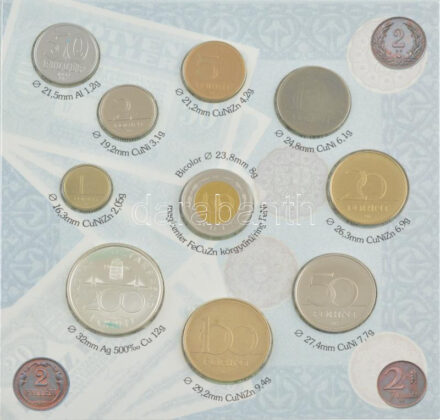 1997. 50f-200Ft (6xklf) forgalmi sor, benne 200Ft Ag 'Deák', 'Magyarország pénzérméi' dísztokban, a belső tok ragasztása részben elengedett T:PP patina / Hungary 1997. 50 Fillér - 200 Forint (6xdiff) in coin set, with 200 Forint Ag