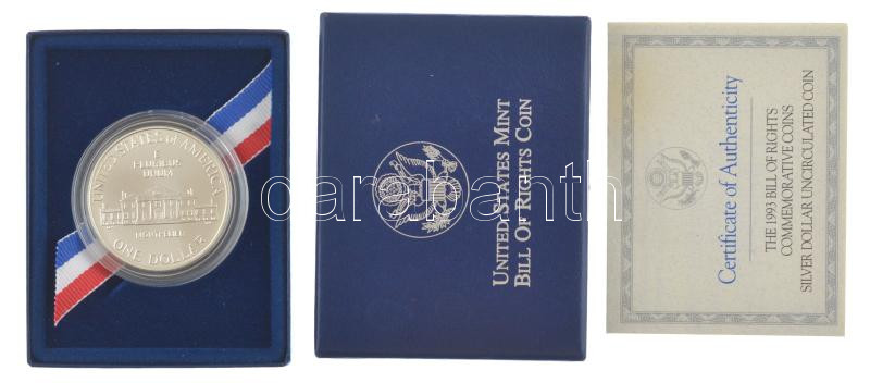 Amerikai Egyesült Államok 1993D 1$ Ag 'Jognyilatkozat' tanúsítvánnyal, dísztokban T:UNC USA 1993D 1 Dollar Ag 'Bill of Rights' with certificate, in display case C:UNC Krause KM#241 - Image 3