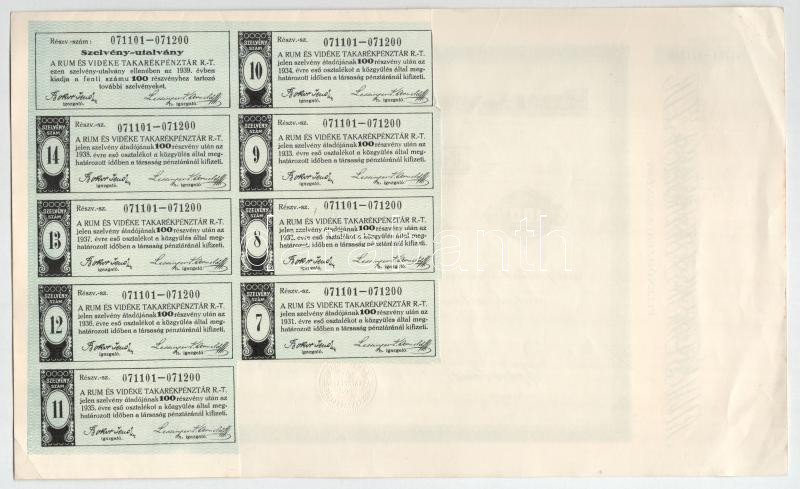 Rum 1925. 'Rum és Vidéke Részvénytársaság' 100db részvénye egyben, összesen 100.000K-ról, szelvényekkel, szárazpecséttel, bélyegzéssel T:XF fo. - Image 2