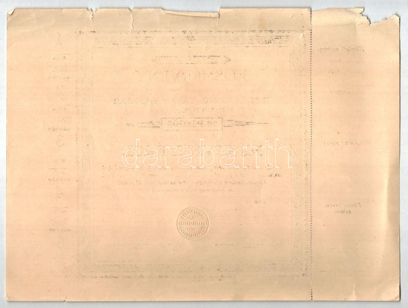 Rum ~1930. 'Rum és Vidéke Takarékpénztár' elismervénye 10P értékű részvényről, szelvénnyel, szárazpecséttel, kitöltetlen T:F hajtatlan, de széleken szakadásokkal, gyűrődésekkel - Image 2