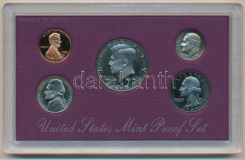 Amerikai Egyesült Államok 1989S 1c-1/2$ (5xklf) forgalmi sor eredeti tokban, tanúsítvánnyal T:PP USA 1989S 1 Cent - 1/2 Dollar (5xdiff) coin set in original case with certificate C:PP