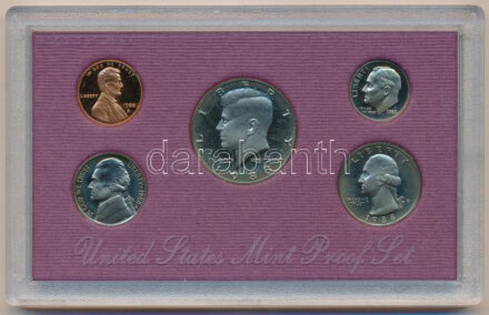 Amerikai Egyesült Államok 1988S 1c-1/2$ (5xklf) forgalmi sor eredeti tokban, tanúsítvánnyal T:PP USA 1988S 1 Cent - 1/2 Dollar (5xdiff) coin set in original case with certificate C:PP