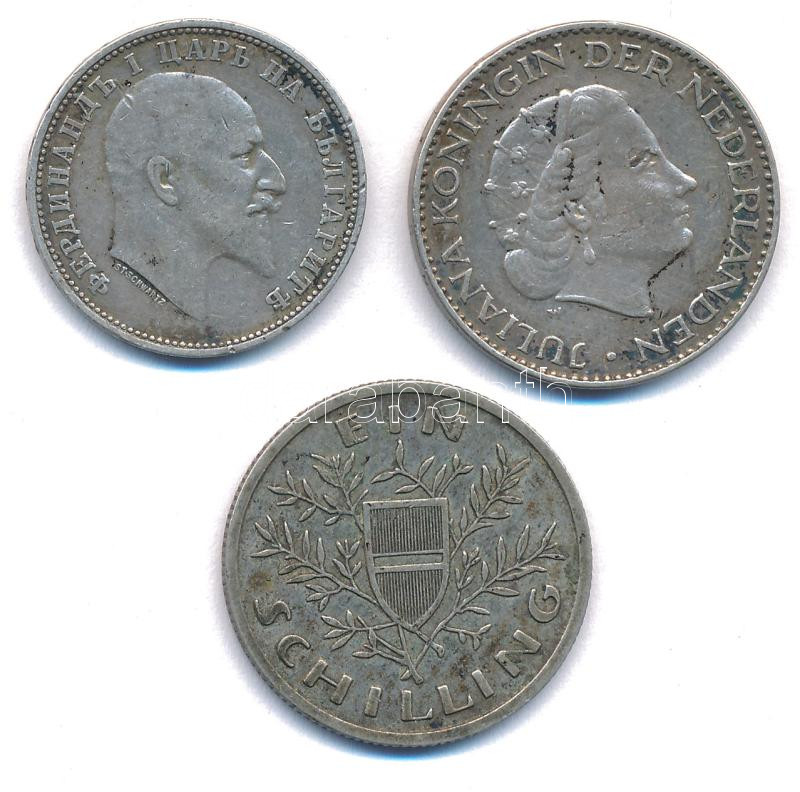 Vegyes: Bulgária 1910. 1L Ag + Ausztria 1925. 1Sch Ag + Hollandia 1957. 1G Ag 'I. Julianna' T:2-,2 Mixed: Bulgaria 1910. 1 Lev Ag + Austria 1925. 1 Schilling Ag + Netherlands 1957. 1 Gulden Ag 'Juliana' C:VF,XF