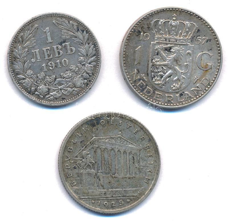 Vegyes: Bulgária 1910. 1L Ag + Ausztria 1925. 1Sch Ag + Hollandia 1957. 1G Ag 'I. Julianna' T:2-,2 Mixed: Bulgaria 1910. 1 Lev Ag + Austria 1925. 1 Schilling Ag + Netherlands 1957. 1 Gulden Ag 'Juliana' C:VF,XF - Image 2