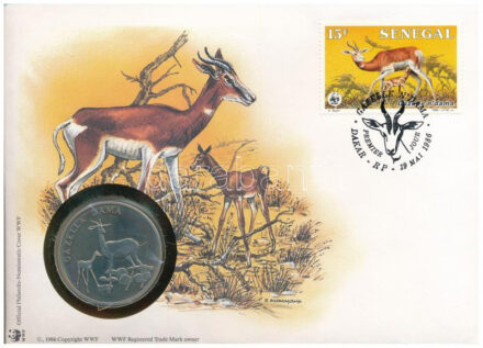 Szenegál éDN (1991) 'A Világ Vadvédelmi Alap (WWF) 30. évfordulója - Gazella Dama (Dámgazella)' kétoldalas fém emlékérem érmés borítékban, bélyeggel és bélyegzéssel, német nyelvű ismertetővel T:PP Senegal ND (1991) '30th