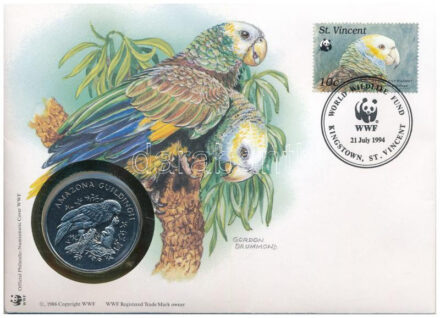 Szent Vincent DN (1991) 'A Világ Vadvédelmi Alap (WWF) 30. évfordulója - Amazona Guildinghi (Királyamazon)' kétoldalas fém emlékérem érmés borítékban, bélyeggel és bélyegzéssel, német nyelvű ismertetővel T:UNC,AU Saint Vincent