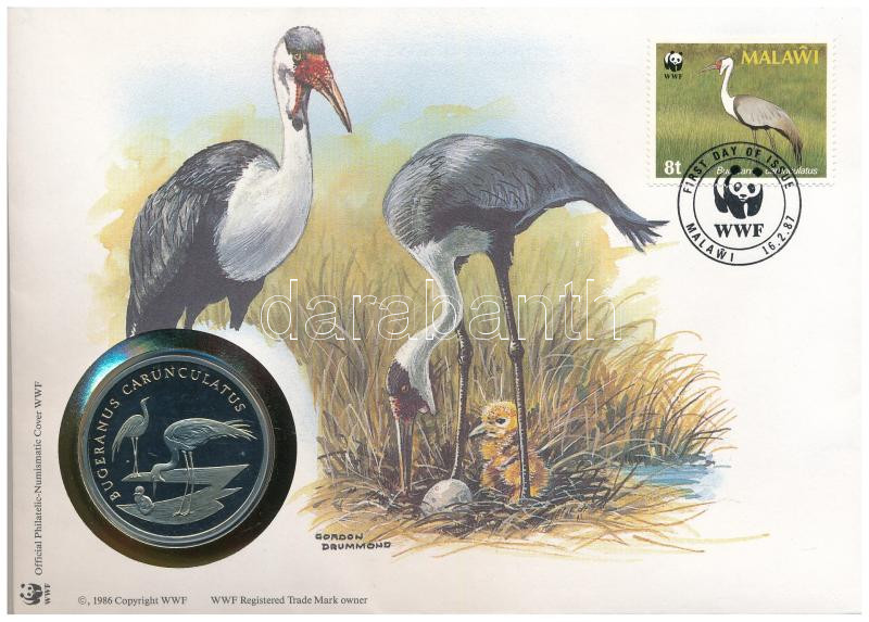 Malawi DN (1991) 'A Világ Vadvédelmi Alap (WWF) 30. évfordulója - Bugeranus Carunculatus' kétoldalas fém emlékérem érmés borítékban, bélyeggel és bélyegzéssel, német nyelvű ismertetővel T:UNC,AU Malawi ND (1991) '30th