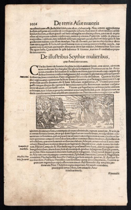 1560 'De illustribus Scythiae mulieribus, quas Amazones uocant.', az elülső lapon szkíta ütközet, a hátoldalon amazon királynő, kezében levágott férfi fejjel, fametszetű illusztrációk, papír, In: Sebastian Münster: Cosmographie,