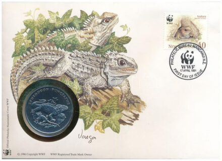 Új-Zéland DN (1991) 'A Világ Vadvédelmi Alap (WWF) 30. évfordulója - Sphenodon Punctatus (Hidasgyík)' kétoldalas fém emlékérem érmés borítékban, bélyeggel és bélyegzéssel, német nyelvű ismertetővel T:PP New Zealand ND (1991)