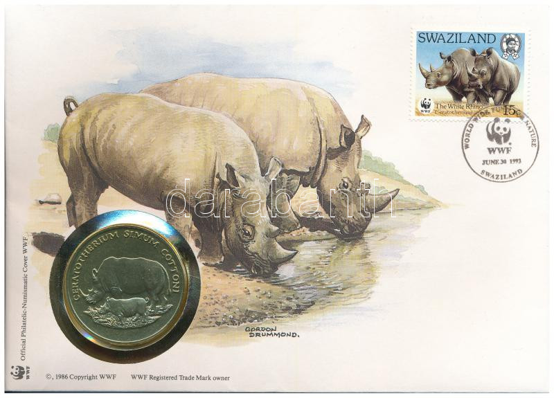 Szváziföld DN (1991) 'A Világ Vadvédelmi Alap (WWF) 30. évfordulója - Ceratotherium Simum Cottoni (Északi szélesszájú orrszarvú)' kétoldalas fém emlékérem érmés borítékban, bélyeggel és bélyegzéssel, német nyelvű