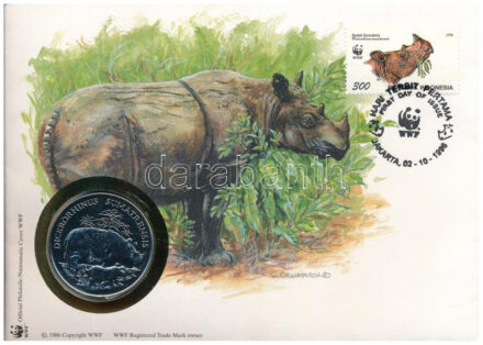 Indonézia DN (1991) 'A Világ Vadvédelmi Alap (WWF) 30. évfordulója - Dicerorhinus Sumatrensis (Szumátrai orrszarvú)' kétoldalas fém emlékérem érmés borítékban, bélyeggel és bélyegzéssel, német nyelvű ismertetővel T:PP