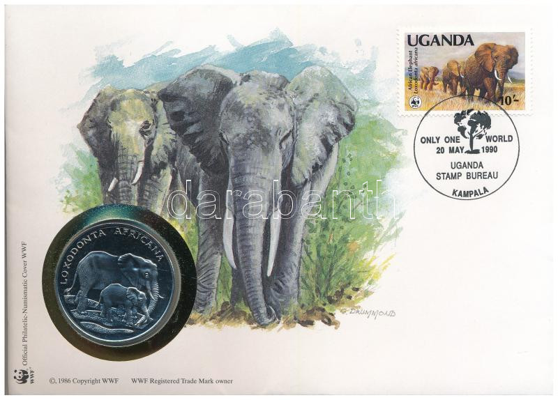 Uganda DN (1991) 'A Világ Vadvédelmi Alap (WWF) 30. évfordulója - Loxodonta Africana (Afrikai elefánt)' kétoldalas fém emlékérem érmés borítékban, bélyeggel és bélyegzéssel, német nyelvű ismertetővel T:UNC,AU Uganda ND (1991)
