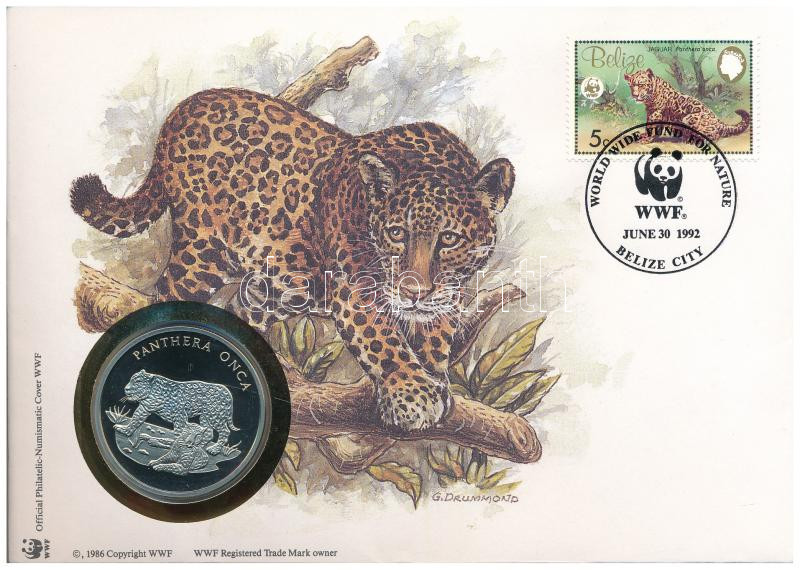 Belize DN (1991) 'A Világ Vadvédelmi Alap (WWF) 30. évfordulója - Panthera Onca (Jaguár)' kétoldalas fém emlékérem érmés borítékban, bélyeggel és bélyegzéssel, német nyelvű ismertetővel T:UNC,AU Belize ND (1991) '30th