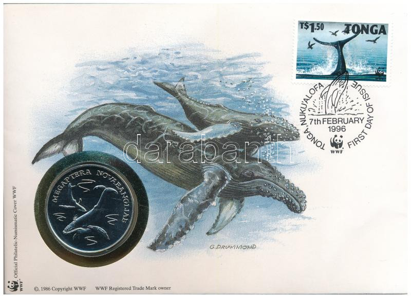 Tonga DN (1991) 'A Világ Vadvédelmi Alap (WWF) 30. évfordulója - Megaptera Novaeangilae (Hosszúszárnyú bálna)' kétoldalas fém emlékérem érmés borítékban, bélyeggel és bélyegzéssel, német nyelvű ismertetővel T:UNC,AU Vanuatu