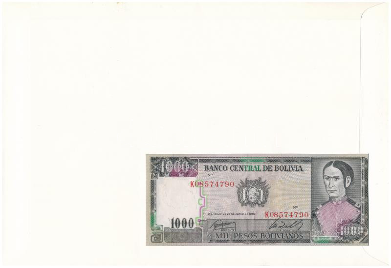 Bolívia 1982. 1000P felbélyegzett borítékban, bélyegzéssel T:UNC Bolivia 1982. 1000 Pesos in envelope with stamp and cancellation C:UNC - Image 2