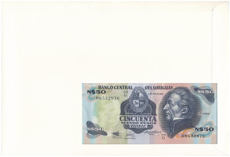 Uruguay 1989. 50P borítékban, alkalmi bélyeggel és bélyegzéssel T:AU kissé hullámos papír Uruguay 1989. 50 Pesos in envelope with stamps and cancellations C:AU slightly wavy paper - Image 2