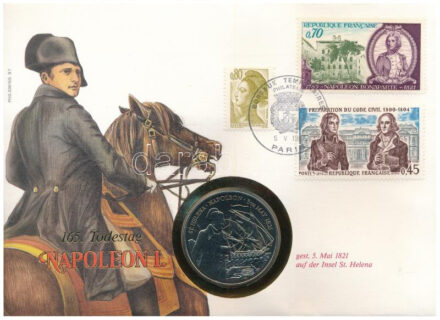 Szent Ilona 1986. 50p Cu-Ni 'Napoleon halálának 165. évfordulója' érmés, francia bélyeggel felbélyegzett borítékban, alkalmi bélyegzéssel, német nyelvű leírással T:UNC St. Helena 1986. 50 Pence Cu-Ni '165th anniversary of Napoleon's