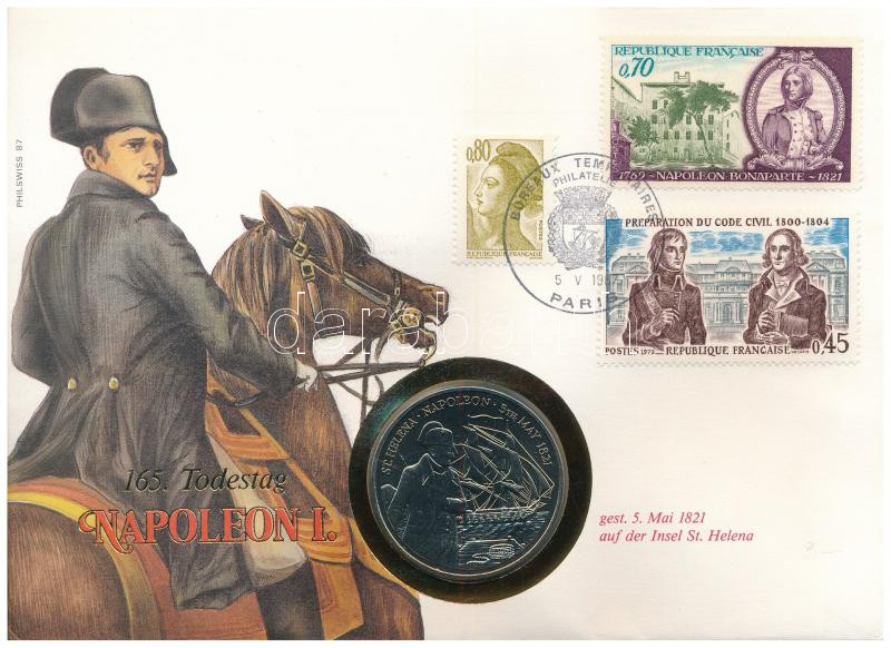 Szent Ilona 1986. 50p Cu-Ni 'Napoleon halálának 165. évfordulója' érmés, francia bélyeggel felbélyegzett borítékban, alkalmi bélyegzéssel, német nyelvű leírással T:UNC St. Helena 1986. 50 Pence Cu-Ni '165th anniversary of Napoleon's