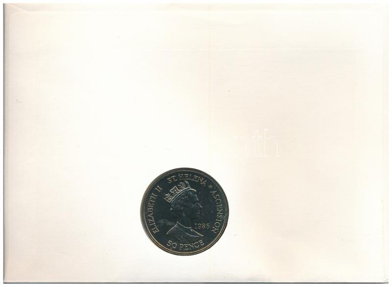 Szent Ilona 1986. 50p Cu-Ni 'Napoleon halálának 165. évfordulója' érmés, francia bélyeggel felbélyegzett borítékban, alkalmi bélyegzéssel, német nyelvű leírással T:UNC St. Helena 1986. 50 Pence Cu-Ni '165th anniversary of Napoleon's - Image 2