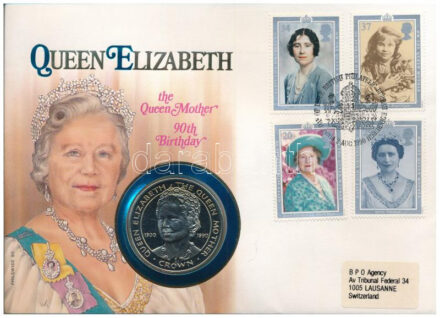 Gibraltár 1990. 1C Cu-Ni 'Az Anyakirálynő születésének 90. évfordulója' forgalomba nem került emlékkiadás felbélyegzett borítékban, bélyegzéssel, német nyelvű leírással T:UNC Gibraltar 1990. 1 Crown Cu-Ni '90th Anniversary of